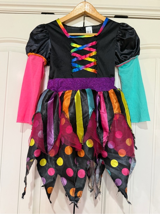 Source Unknown Other - Kids Rainbow Polka Dot Witch Costume Dress - Black with Pink & Teal S(6-6X)